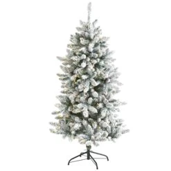 5’ Flocked Livingston Fir Artificial Christmas Tree With Pine Cones And 200 Clear Warm LED Lights