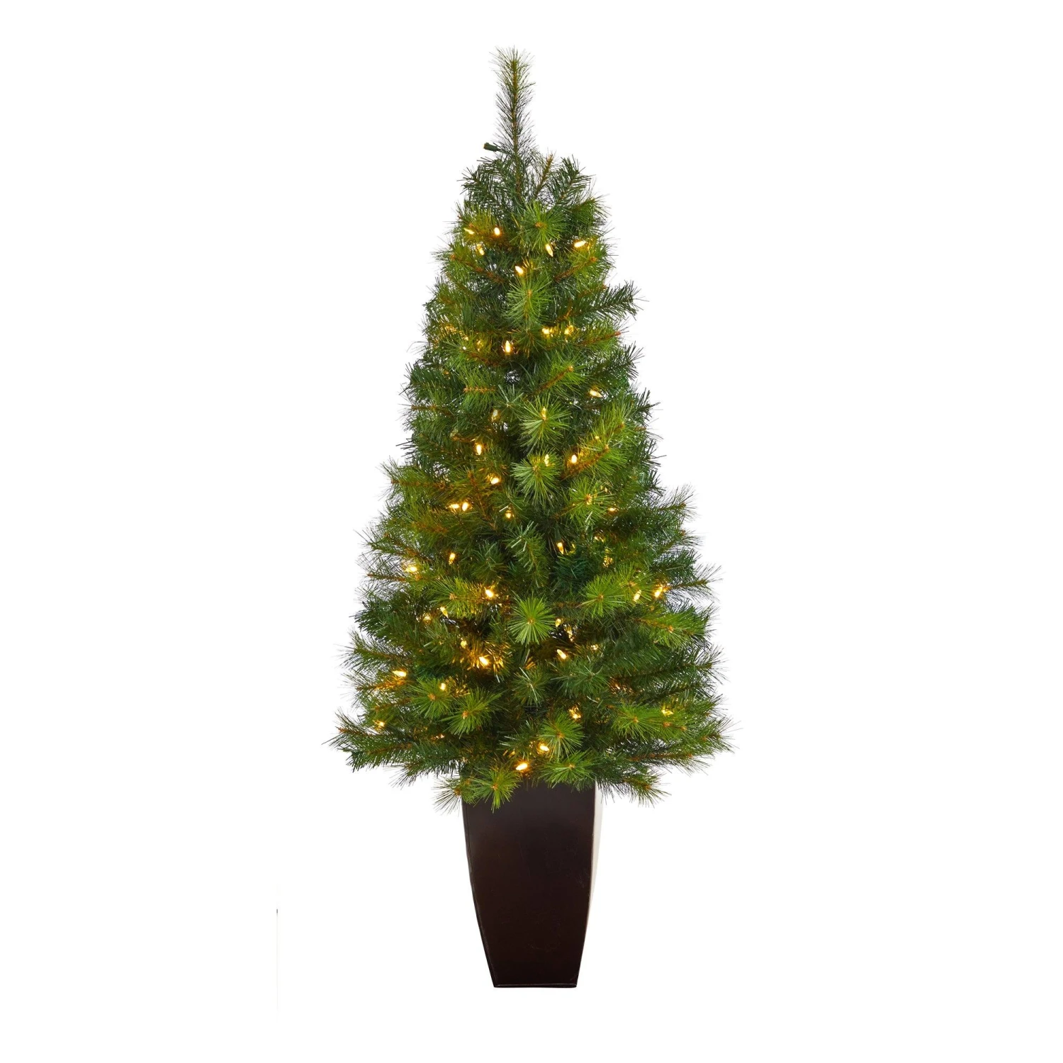 5’ Green Valley Pine Artificial Christmas Tree With 100 Warm White LED Lights And 201 Bendable Branches In Bronze Metal Planter 1 5’ Green Valley Pine Artificial Christmas Tree With 100 Warm White LED Lights And 201 Bendable Branches In Bronze Metal Planter