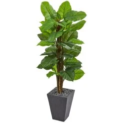 5’ Large Leaf Philodendron Artificial Plant In Slate Planter (Real Touch)