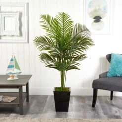 5’ Paradise Palm Artificial Tree In Black Metal Planter -Artificial Trees Store artificial 5 paradise palm artificial tree in black metal planter nearly natural 768274