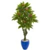 5’ Plumeria Artificial Tree In Decorative Blue Planter (Indoor/Outdoor)
