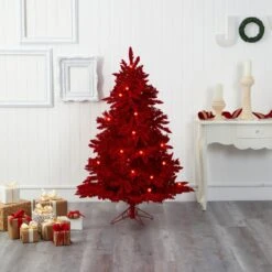 5' Red Flocked Fraser Fir Artificial Christmas Tree -Artificial Trees Store artificial 5 red flocked fraser fir artificial christmas tree with 250 red lights 26 globe bulbs and 490 bendable branches nearly natural 999080