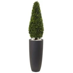 Artificial Trees Store 27 50” Boxwood Topiary With Gray Cylindrical Planter UV Resistant (Indoor/Outdoor)
