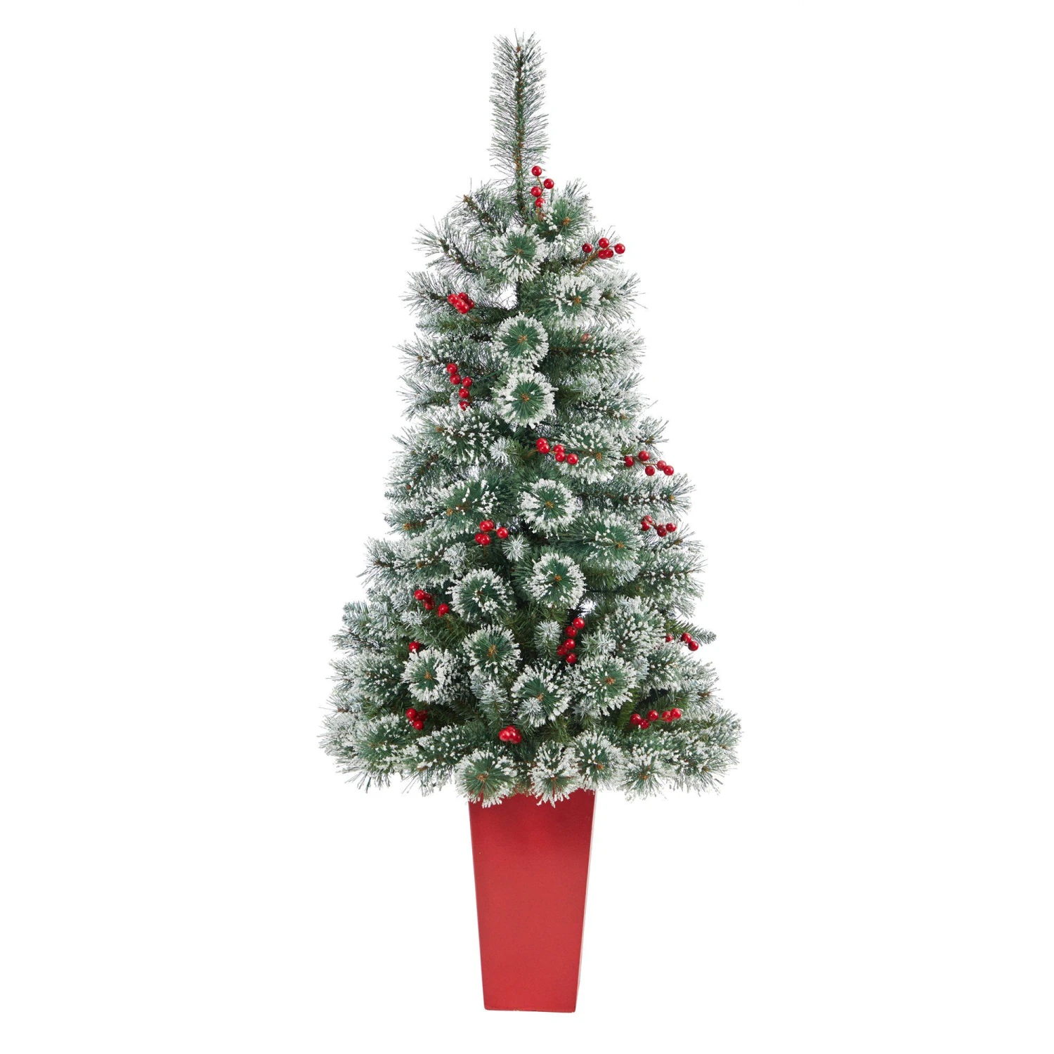 52” Frosted Swiss Pine Artificial Christmas Tree With 100 Clear LED Lights And Berries In Red Tower Planter 3 52” Frosted Swiss Pine Artificial Christmas Tree With 100 Clear LED Lights And Berries In Red Tower Planter - Image 3