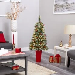 52” Frosted Swiss Pine Artificial Christmas Tree With 100 Clear LED Lights And Berries In Red Tower Planter 15 52” Frosted Swiss Pine Artificial Christmas Tree With 100 Clear LED Lights And Berries In Red Tower Planter -Artificial Trees Store artificial 52 frosted swiss pine artificial christmas tree with 100 clear led lights and berries in red tower planter nearly natural 510744