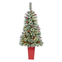 52” Frosted Swiss Pine Artificial Christmas Tree With 100 Clear LED Lights And Berries In Red Tower Planter