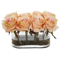 5.5” Blooming Roses In Glass Vase Artificial Arrangement 12 5.5” Blooming Roses In Glass Vase Artificial Arrangement -Artificial Trees Store artificial 55 blooming roses in glass vase artificial arrangement nearly natural peach 557475