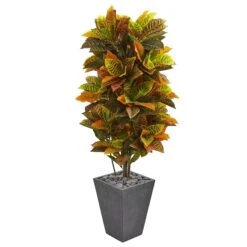 5.5’ Croton Artificial Plant In Slate Planter (Real Touch)