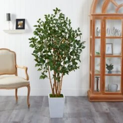5.5' Ficus Bushy Artificial Tree In White Metal Planter -Artificial Trees Store artificial 55 ficus bushy artificial tree in white metal planter nearly natural 338412