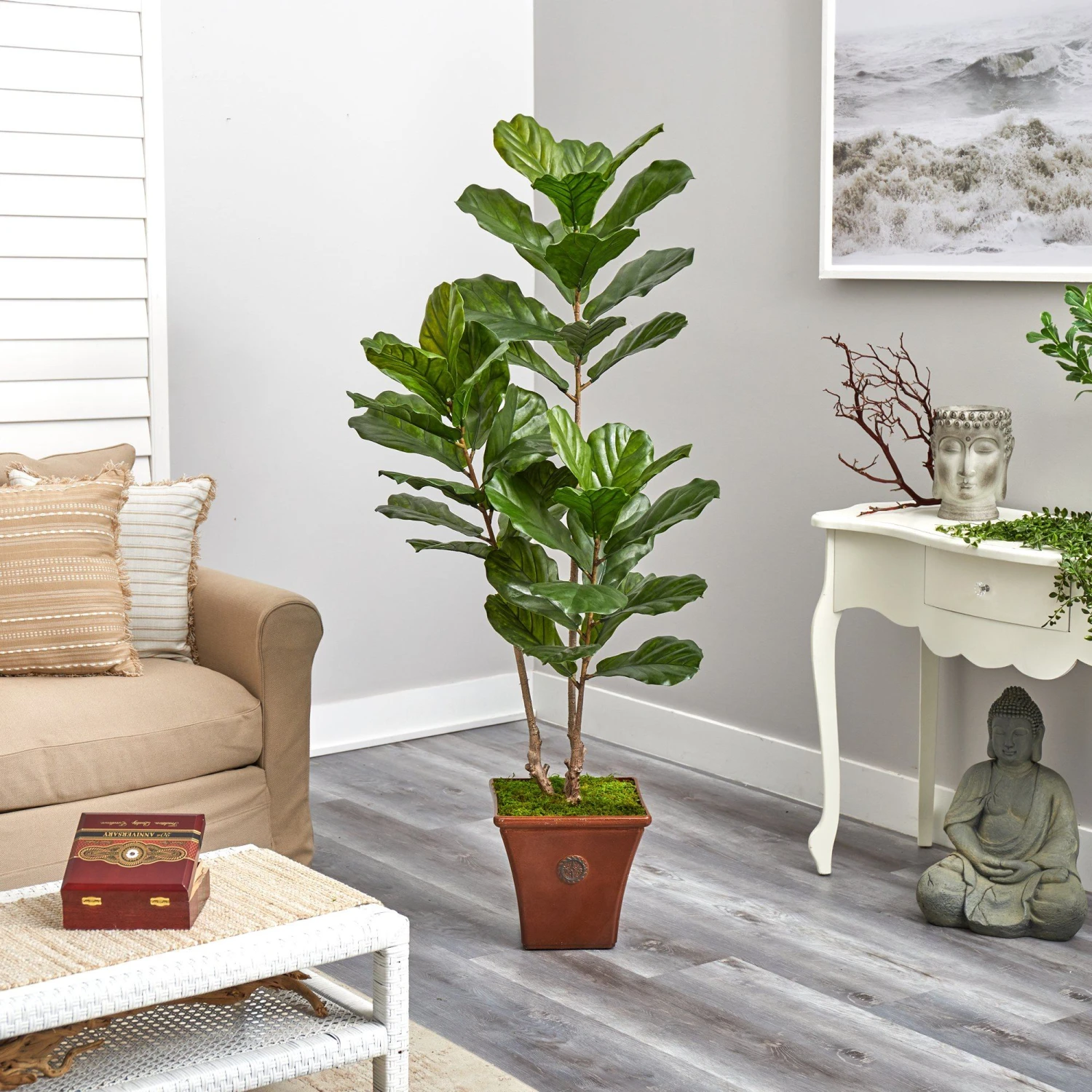 5.5’ Fiddle Leaf Artificial Tree In Brown Planter (Indoor/Outdoor) 3 5.5’ Fiddle Leaf Artificial Tree In Brown Planter (Indoor/Outdoor) - Image 3