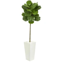 5.5’ Fiddle Leaf Artificial Tree In White Tower Planter