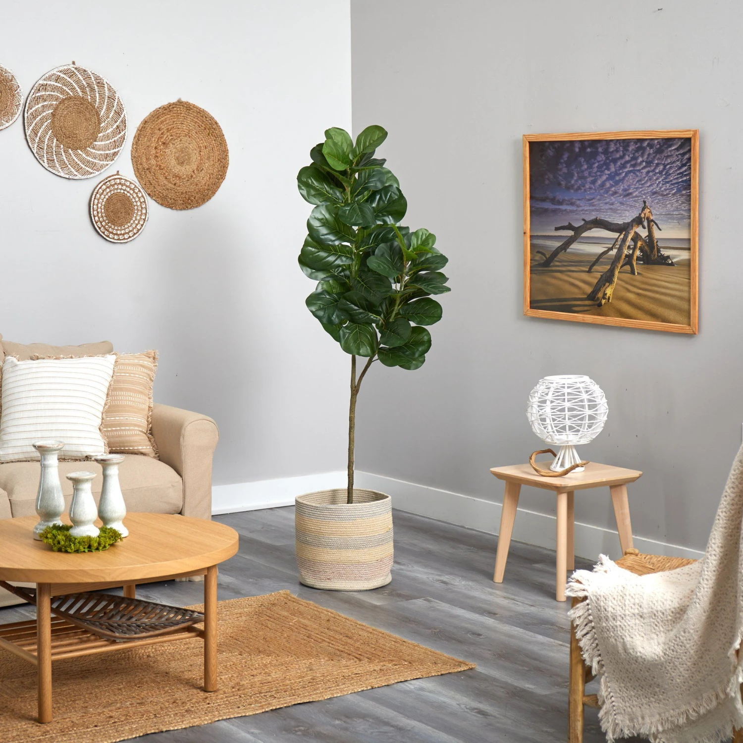 5.5’ Fiddle Leaf Fig Artificial Tree In Handmade Natural Cotton Multicolored Woven Planter 4 5.5’ Fiddle Leaf Fig Artificial Tree In Handmade Natural Cotton Multicolored Woven Planter - Image 4