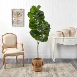 5.5’ Fiddle Leaf Fig Artificial Tree In Handmade Natural Jute Planter With Tassels -Artificial Trees Store artificial 55 fiddle leaf fig artificial tree in handmade natural jute planter with tassels nearly natural 936375