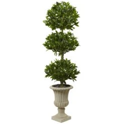 5.5’ Triple Bay Leaf Topiary Artificial Tree In Urn UV Resistant (Indoor/Outdoor)