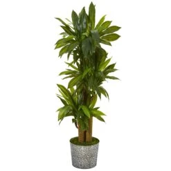 58” Corn Stalk Dracaena Artificial Plant In Black Embossed Tin Planter (Real Touch)