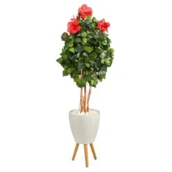 58” Hibiscus Artificial Tree In White Planter With Stand