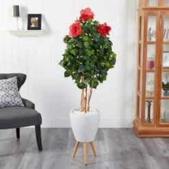 58” Hibiscus Artificial Tree In White Planter With Stand -Artificial Trees Store artificial 58 hibiscus artificial tree in white planter with stand nearly natural 732555