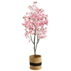6’ Artificial Cherry Blossom Tree With Handmade Jute & Cotton Basket