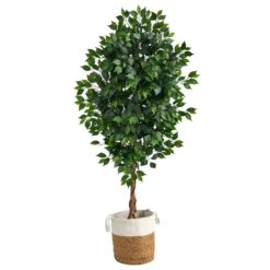6’ Ficus Artificial Tree With Natural Trunk In Handmade Natural Jute And Cotton Planter