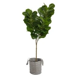 6’ Fiddle Leaf Fig Artificial Tree In Handmade Black And White Natural Jute And Cotton Planter