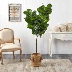 6’ Fiddle Leaf Fig Artificial Tree In Handmade Natural Jute Planter With Tassels -Artificial Trees Store artificial 6 fiddle leaf fig artificial tree in handmade natural jute planter with tassels nearly natural 178157