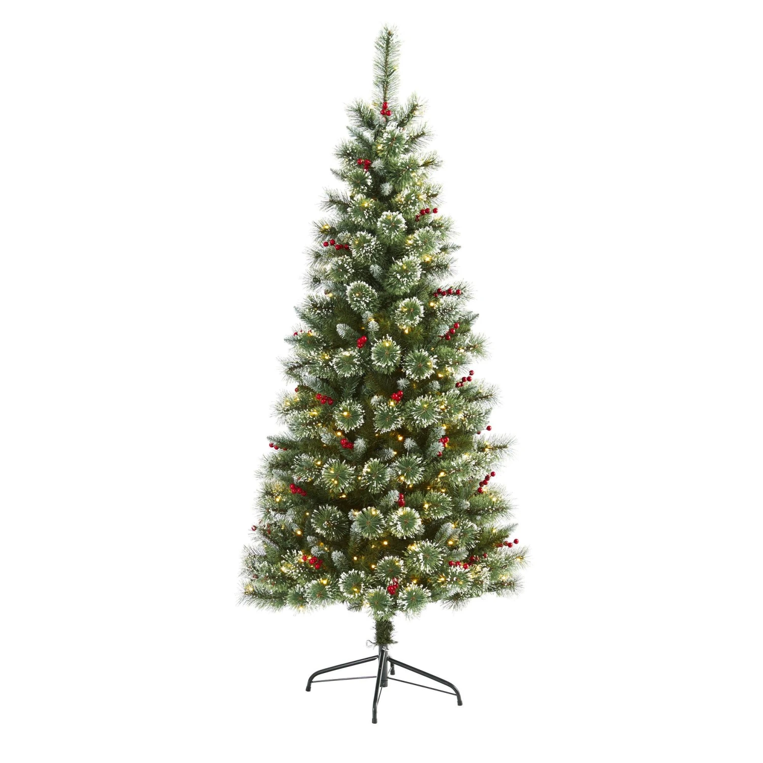 6’ Frosted Swiss Pine Artificial Christmas Tree With 300 Clear LED Lights And Berries 1 6’ Frosted Swiss Pine Artificial Christmas Tree With 300 Clear LED Lights And Berries