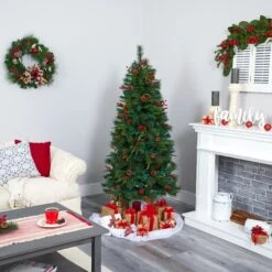 6’ Mixed Pine Artificial Christmas Tree With 250 Clear LED Lights, Pine Cones And Berries -Artificial Trees Store artificial 6 mixed pine artificial christmas tree with 250 clear led lights pine cones and berries nearly natural 881164