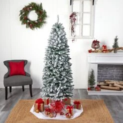 6’ Slim Flocked Montreal Fir Artificial Christmas Tree With 250 White LED Lights And 743 Branches -Artificial Trees Store artificial 6 slim flocked montreal fir artificial christmas tree with 250 white led lights and 743 branches nearly natural 411927