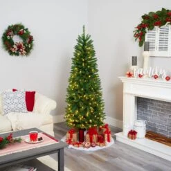 6’ Slim Green Mountain Pine Artificial Christmas Tree With 250 Clear LED Lights -Artificial Trees Store artificial 6 slim green mountain pine artificial christmas tree with 250 clear led lights nearly natural 978914