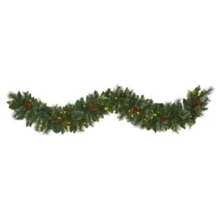 6’ White Mountain Pine Artificial Garland With 35 White Warm LED Lights AndPinecones
