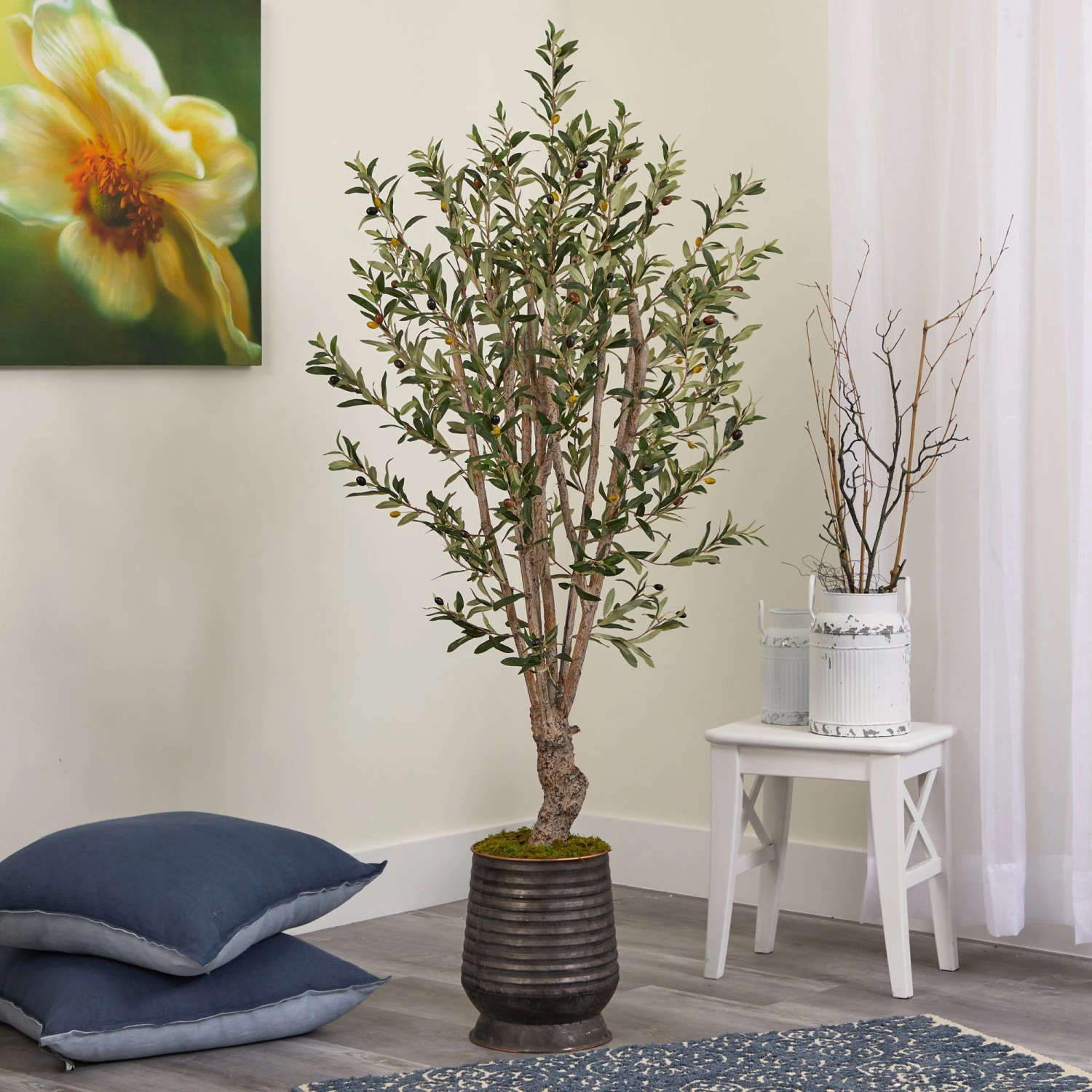 62” Olive Artificial Tree In Ribbed Metal Planter 3 62” Olive Artificial Tree In Ribbed Metal Planter - Image 3