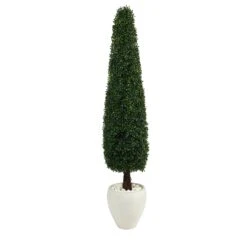 63” Boxwood Topiary Artificial Tree In White Planter (Indoor/Outdoor)
