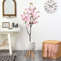 63” Cherry Blossom Artificial Tree In White Planter With Stand -Artificial Trees Store artificial 63 cherry blossom artificial tree in white planter with stand nearly natural 223896