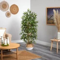64” Bamboo Tree With Natural Bamboo Trunks In Boho Chic Handmade Cotton & Jute White Woven Planter -Artificial Trees Store artificial 64 bamboo tree with natural bamboo trunks in boho chic handmade cotton jute white woven planter nearly natural 798064