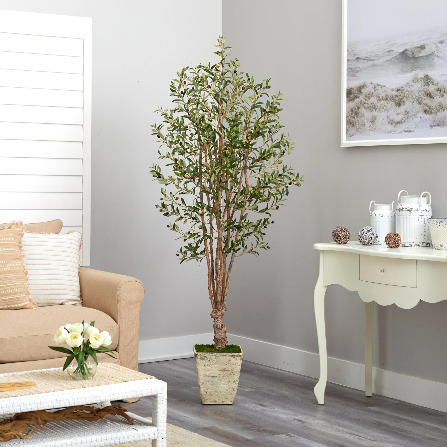 6.5’ Olive Artificial Tree In Country White Planter 4 6.5’ Olive Artificial Tree In Country White Planter - Image 4