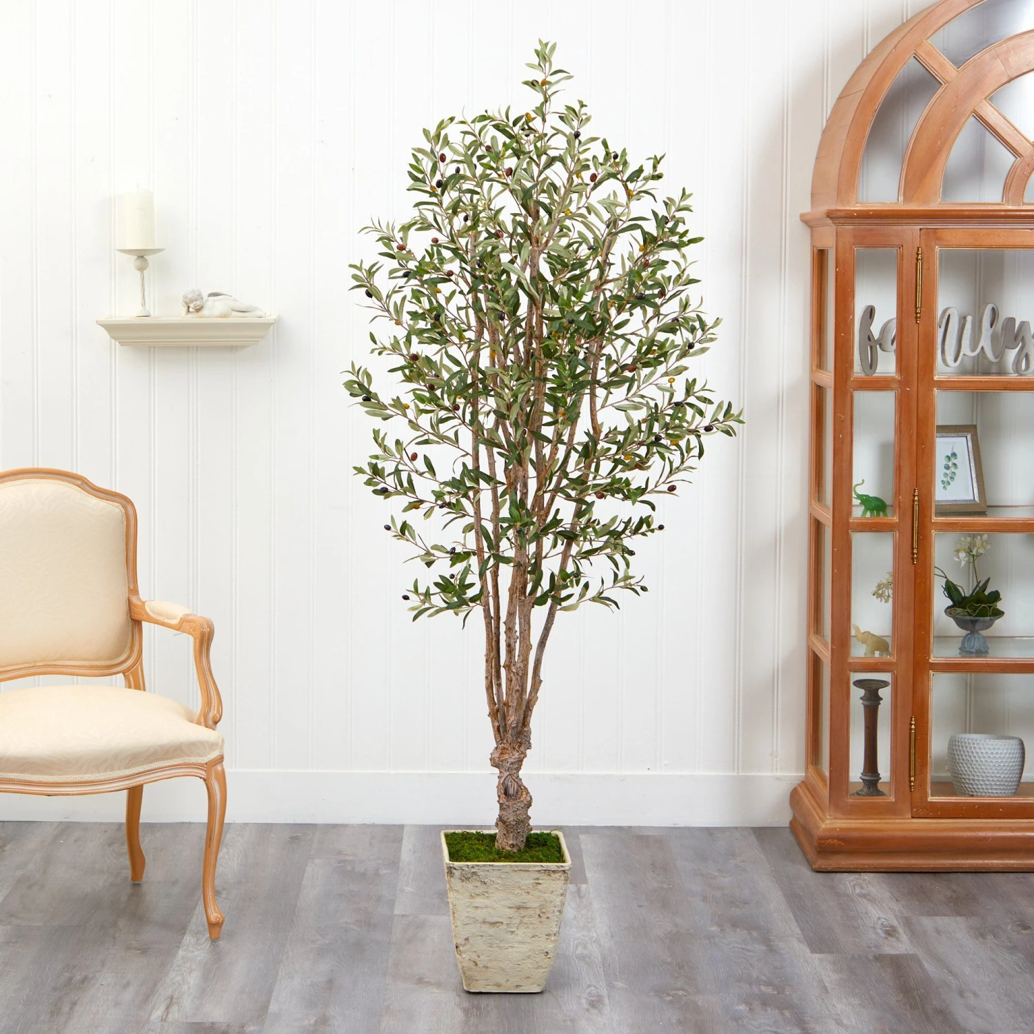 6.5’ Olive Artificial Tree In Country White Planter 3 6.5’ Olive Artificial Tree In Country White Planter - Image 3