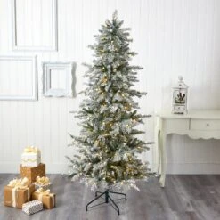 6.5’ Slim Flocked Nova Scotia Spruce Artificial Christmas Tree With 300 Warm White LED Lights And 699 Bendable Branches -Artificial Trees Store artificial 65 slim flocked nova scotia spruce artificial christmas tree with 300 warm white led lights and 699 bendable branches nearly natural 340091
