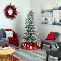 6.5’ Slim Flocked Nova Scotia Spruce Artificial Christmas Tree With 300 Warm White LED Lights And 699 Bendable Branches -Artificial Trees Store artificial 65 slim flocked nova scotia spruce artificial christmas tree with 300 warm white led lights and 699 bendable branches nearly natural 647245