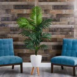69” Kentia Artificial Palm Tree In White Planter With Stand -Artificial Trees Store artificial 69 kentia artificial palm tree in white planter with stand nearly natural 787096