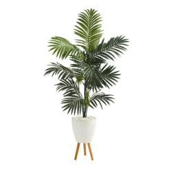 69” Kentia Artificial Palm Tree In White Planter With Stand