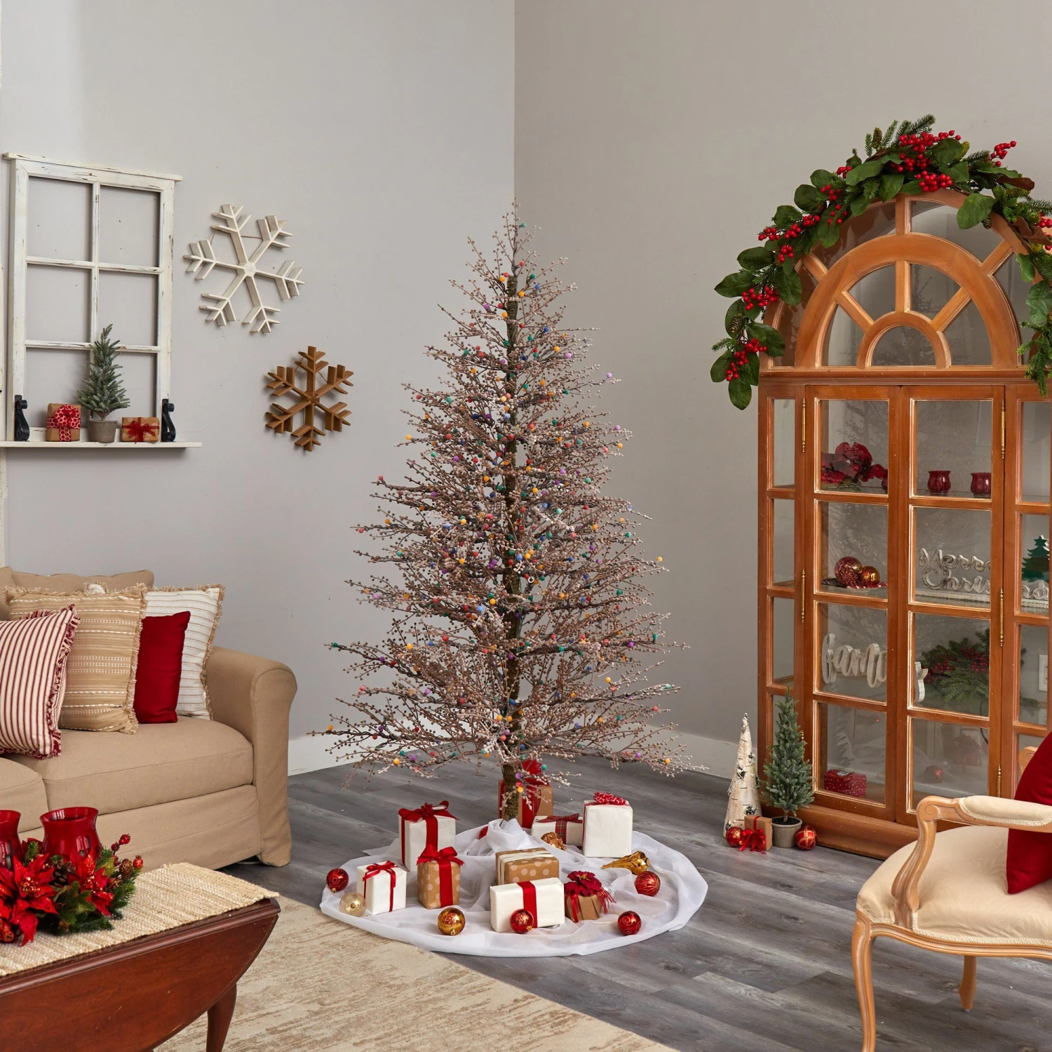 7' Frosted Berry Twig Christmas Tree With 450 Multicolored Gum Ball LED Lights And 1192 Bendable Branches 8 7' Frosted Berry Twig Christmas Tree With 450 Multicolored Gum Ball LED Lights And 1192 Bendable Branches - Image 8