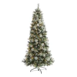 Frosted Tip British Columbia Mountain Pine Artificial Christmas Tree With 400 Clear Lights, Pine Cones And 882 Bendable Branches