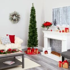 7' Green Pencil Artificial Christmas Tree With 150 Clear (Multifunction) LED Lights And 338 Bendable Branches -Artificial Trees Store artificial 7 green pencil artificial christmas tree with 150 clear multifunction led lights and 338 bendable branches nearly natural 893043