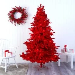 7' Red Flocked Fraser Fir Artificial Christmas Tree With 500 Red Lights, 40 Globe Bulbs And 1039 Bendable Branches -Artificial Trees Store artificial 7 red flocked fraser fir artificial christmas tree with 500 red lights 40 globe bulbs and 1039 bendable branches nearly natural 352768