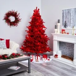 7' Red Flocked Fraser Fir Artificial Christmas Tree With 500 Red Lights, 40 Globe Bulbs And 1039 Bendable Branches -Artificial Trees Store artificial 7 red flocked fraser fir artificial christmas tree with 500 red lights 40 globe bulbs and 1039 bendable branches nearly natural 824282