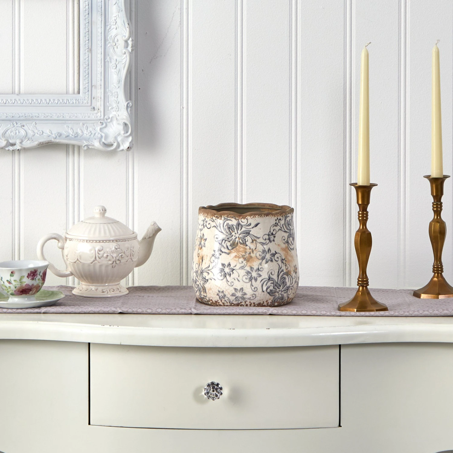 7” Tuscan Ceramic Gray Scroll Planter 3 7” Tuscan Ceramic Gray Scroll Planter - Image 3