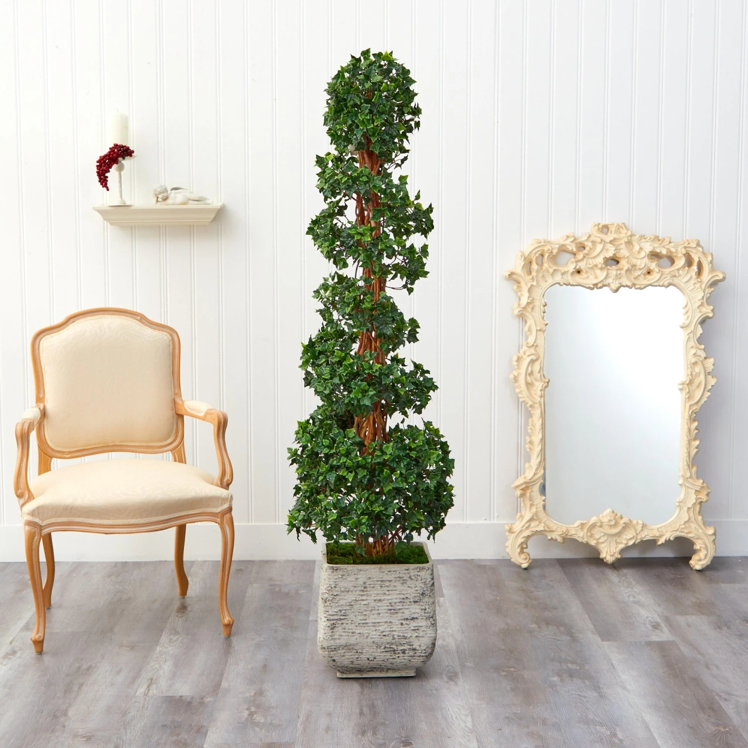 70” English Ivy Topiary Spiral Artificial Tree In White Planter (Indoor/Outdoor) 3 70” English Ivy Topiary Spiral Artificial Tree In White Planter (Indoor/Outdoor) - Image 3