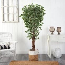 70” Variegated Ficus Tree In Handmade Jute And Cotton Planter UV Resistant (Indoor/Outdoor) 6 70” Variegated Ficus Tree In Handmade Jute And Cotton Planter UV Resistant (Indoor/Outdoor) -Artificial Trees Store artificial 70 variegated ficus tree in handmade jute and cotton planter uv resistant indooroutdoor nearly natural 995011