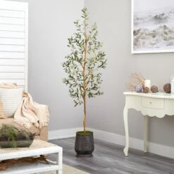 74” Olive Artificial Tree In Ribbed Metal Planter -Artificial Trees Store artificial 74 olive artificial tree in ribbed metal planter nearly natural 625185