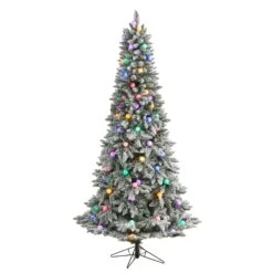 7.5' Flocked British Columbia Mountain Fir Artificial Christmas Tree With 95 Multi Color Globe Bulbs And 1113 Branches
